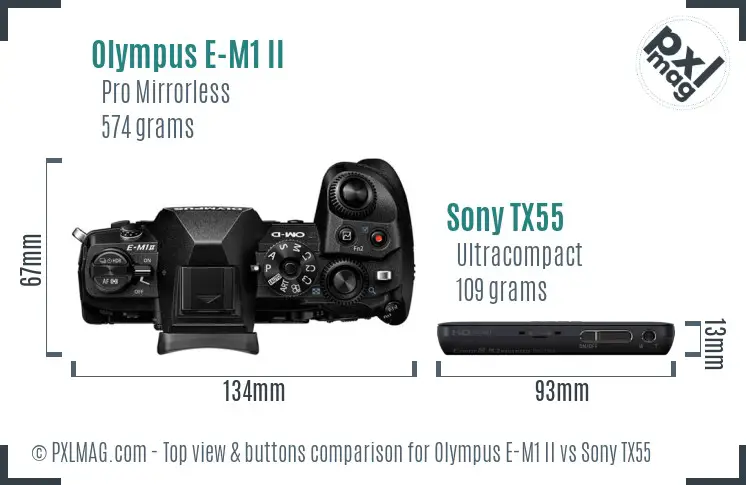 Olympus E-M1 II vs Sony TX55 top view buttons comparison