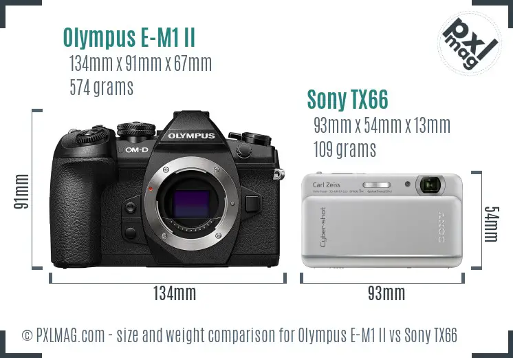 Olympus E-M1 II vs Sony TX66 size comparison Olympus E-M1 II vs Sony TX66 size comparison