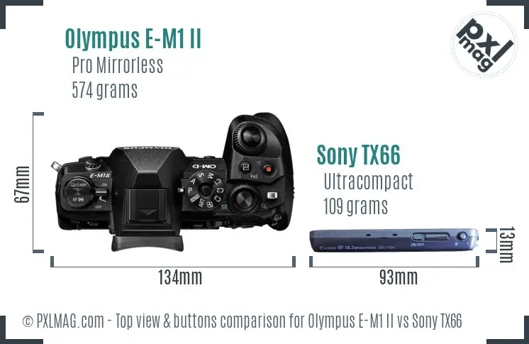 Olympus E-M1 II vs Sony TX66 top view buttons comparison Olympus E-M1 II vs Sony TX66 top view buttons comparison