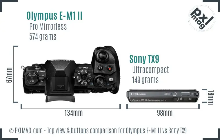 Olympus E-M1 II vs Sony TX9 top view buttons comparison Olympus E-M1 II vs Sony TX9 top view buttons comparison