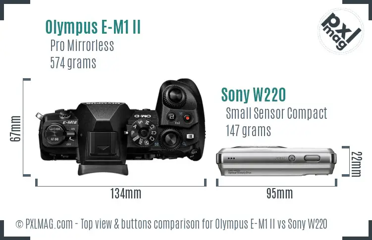Olympus E-M1 II vs Sony W220 top view buttons comparison