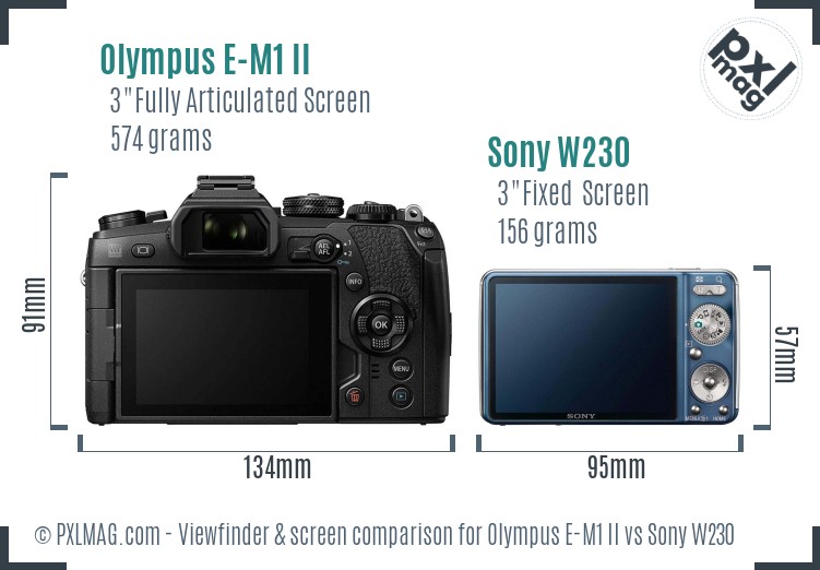 Olympus E-M1 II vs Sony W230 Screen and Viewfinder comparison