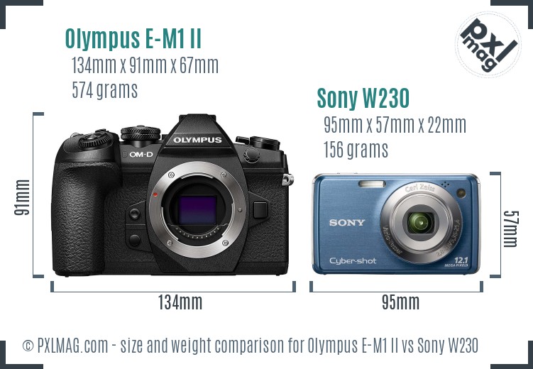 Olympus E-M1 II vs Sony W230 size comparison