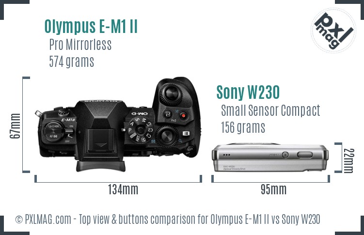 Olympus E-M1 II vs Sony W230 top view buttons comparison