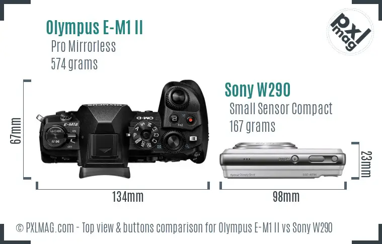 Olympus E-M1 II vs Sony W290 top view buttons comparison