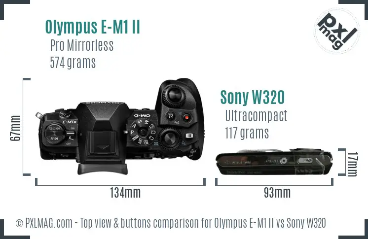 Olympus E-M1 II vs Sony W320 top view buttons comparison Olympus E-M1 II vs Sony W320 top view buttons comparison