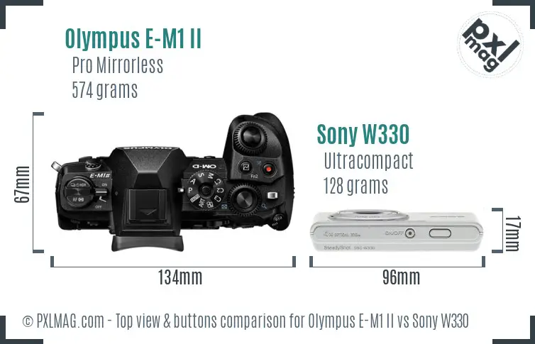 Olympus E-M1 II vs Sony W330 top view buttons comparison