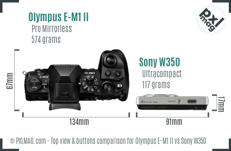Olympus E-M1 II vs Sony W350 top view buttons comparison Olympus E-M1 II vs Sony W350 top view buttons comparison