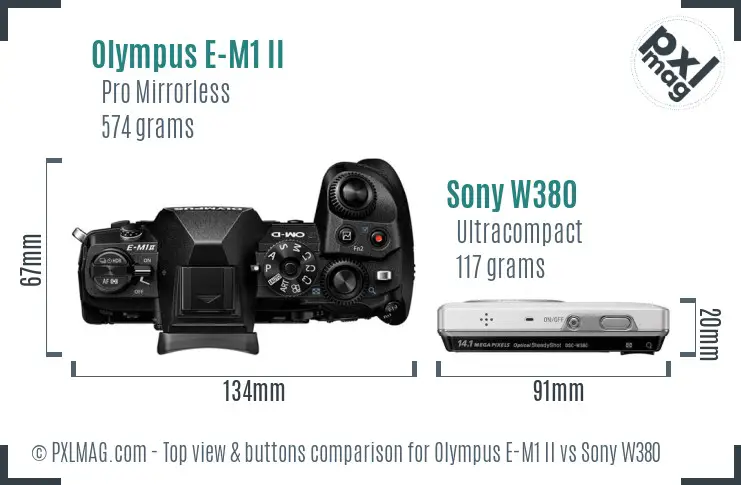 Olympus E-M1 II vs Sony W380 top view buttons comparison