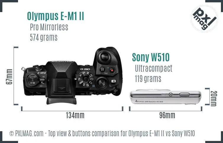 Olympus E-M1 II vs Sony W510 top view buttons comparison