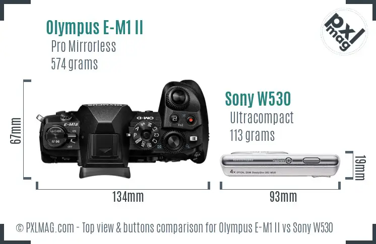 Olympus E-M1 II vs Sony W530 top view buttons comparison