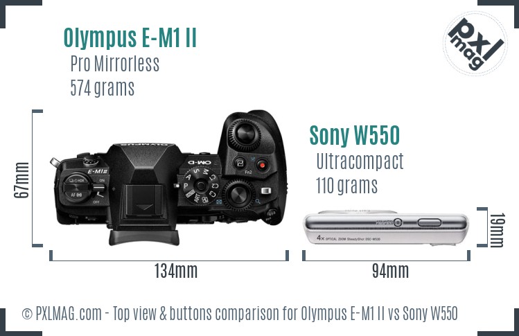 Olympus E-M1 II vs Sony W550 top view buttons comparison