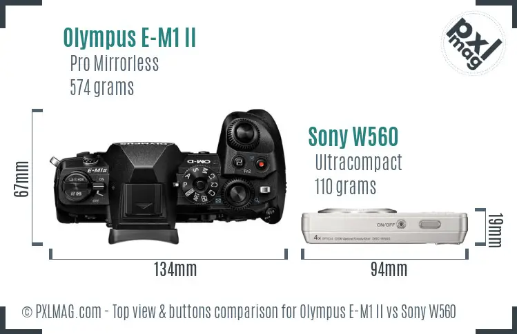 Olympus E-M1 II vs Sony W560 top view buttons comparison