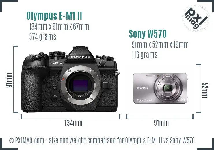 Olympus E-M1 II vs Sony W570 size comparison