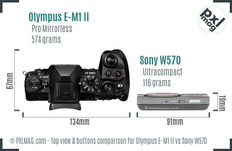 Olympus E-M1 II vs Sony W570 top view buttons comparison