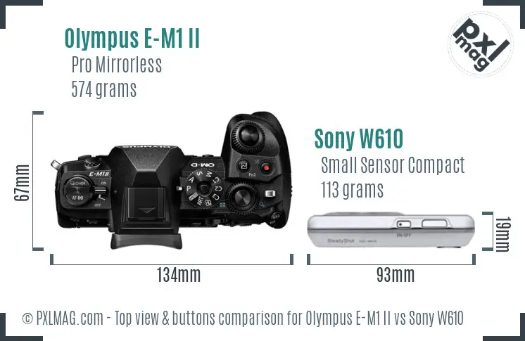 Olympus E-M1 II vs Sony W610 top view buttons comparison