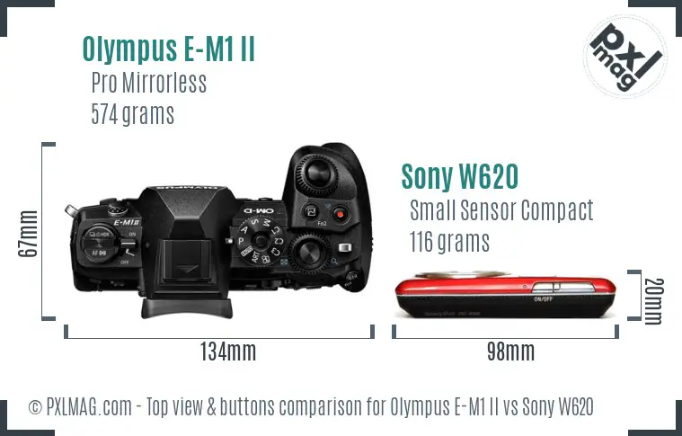 Olympus E-M1 II vs Sony W620 top view buttons comparison