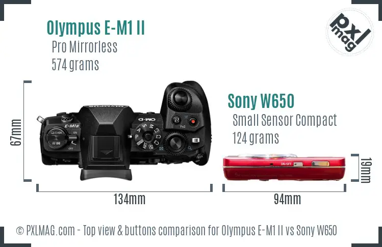 Olympus E-M1 II vs Sony W650 top view buttons comparison