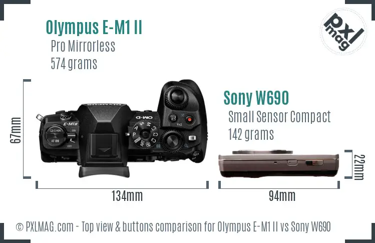 Olympus E-M1 II vs Sony W690 top view buttons comparison