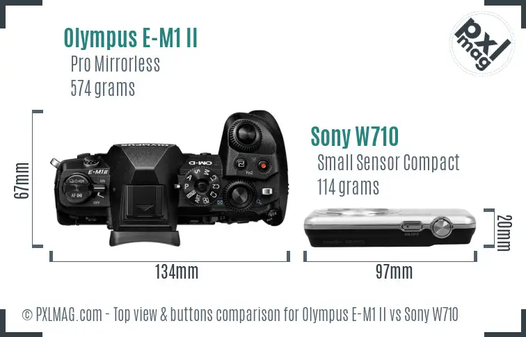 Olympus E-M1 II vs Sony W710 top view buttons comparison