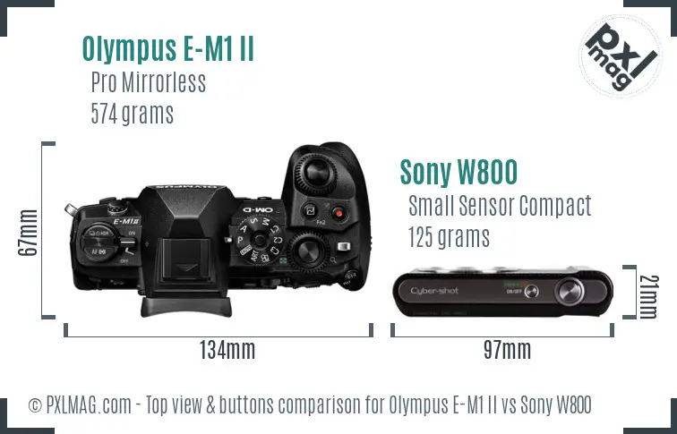 Olympus E-M1 II vs Sony W800 top view buttons comparison