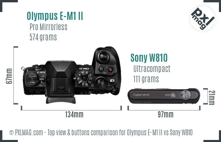 Olympus E-M1 II vs Sony W810 top view buttons comparison