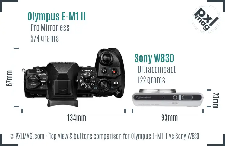 Olympus E-M1 II vs Sony W830 top view buttons comparison