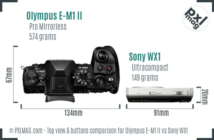 Olympus E-M1 II vs Sony WX1 top view buttons comparison