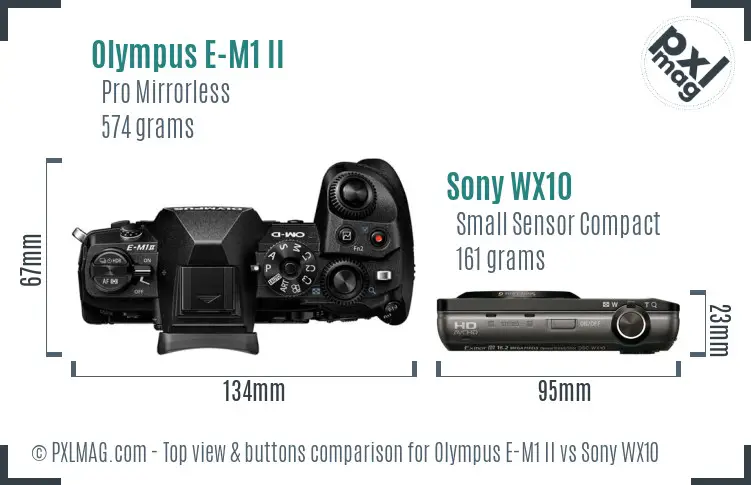 Olympus E-M1 II vs Sony WX10 top view buttons comparison