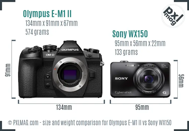Olympus E-M1 II vs Sony WX150 size comparison