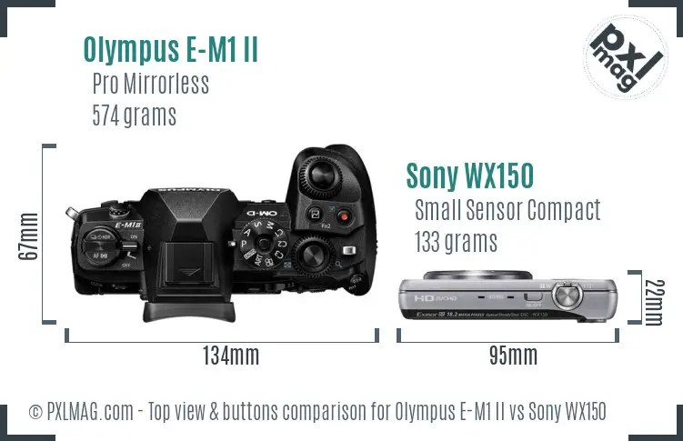 Olympus E-M1 II vs Sony WX150 top view buttons comparison