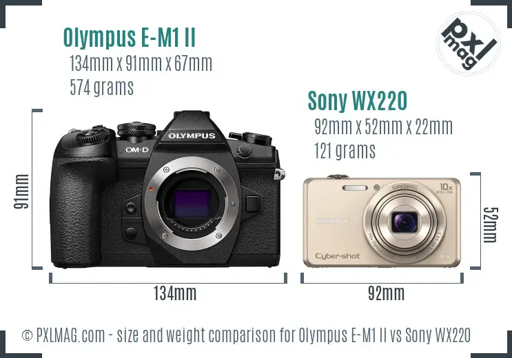 Olympus E-M1 II vs Sony WX220 size comparison