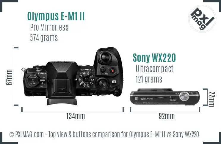 Olympus E-M1 II vs Sony WX220 top view buttons comparison
