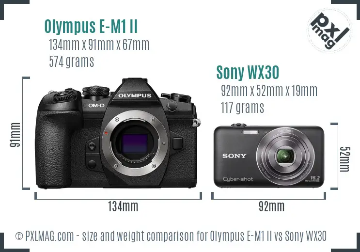 Olympus E-M1 II vs Sony WX30 size comparison