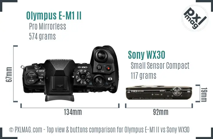 Olympus E-M1 II vs Sony WX30 top view buttons comparison