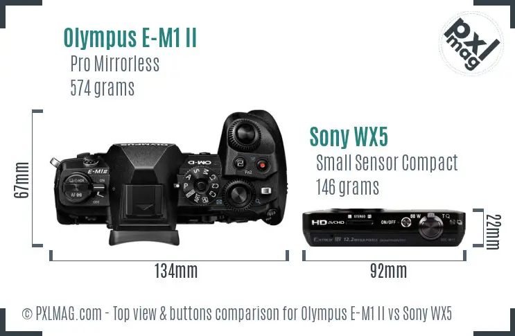 Olympus E-M1 II vs Sony WX5 top view buttons comparison