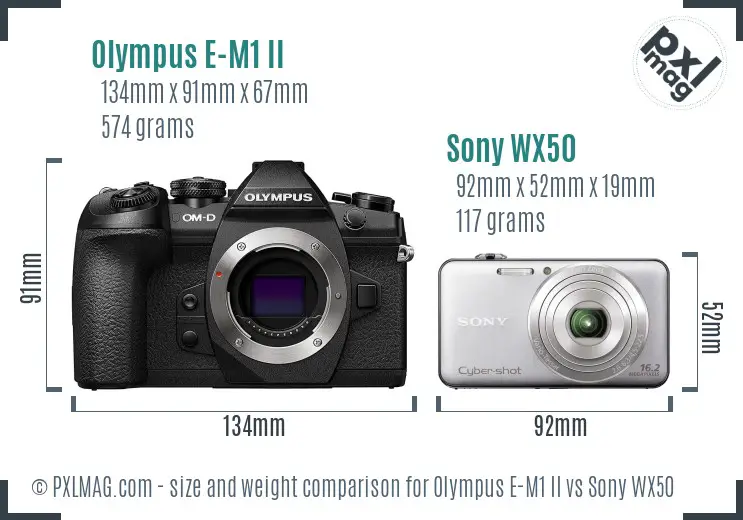 Olympus E-M1 II vs Sony WX50 size comparison