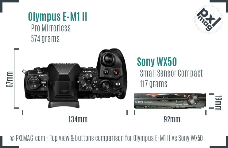 Olympus E-M1 II vs Sony WX50 top view buttons comparison