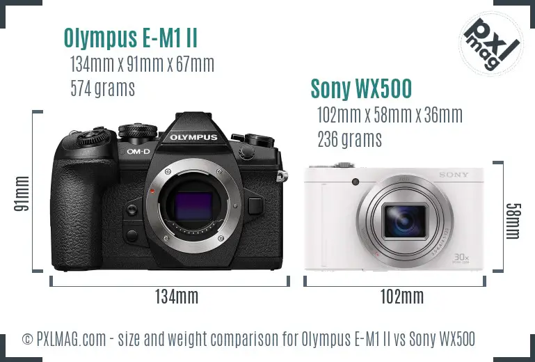 Olympus E-M1 II vs Sony WX500 size comparison