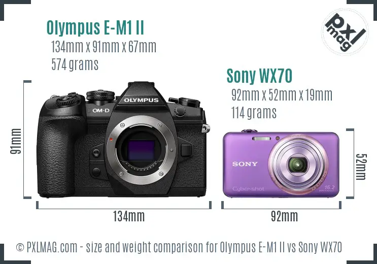 Olympus E-M1 II vs Sony WX70 size comparison