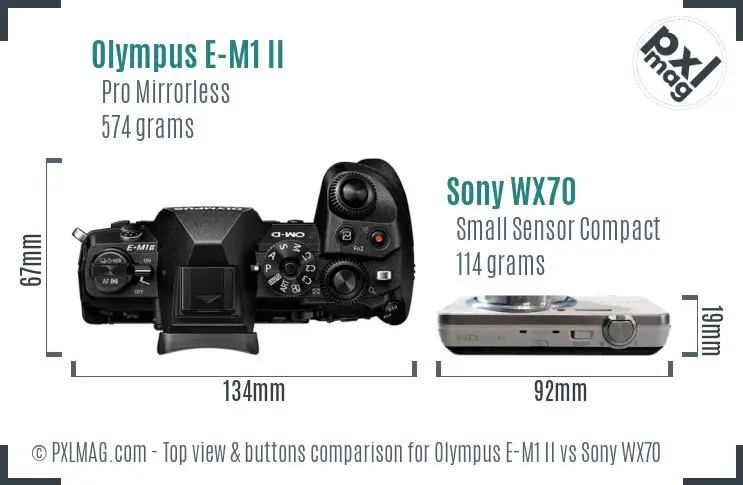 Olympus E-M1 II vs Sony WX70 top view buttons comparison