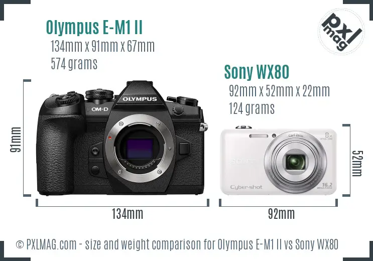 Olympus E-M1 II vs Sony WX80 size comparison Olympus E-M1 II vs Sony WX80 size comparison