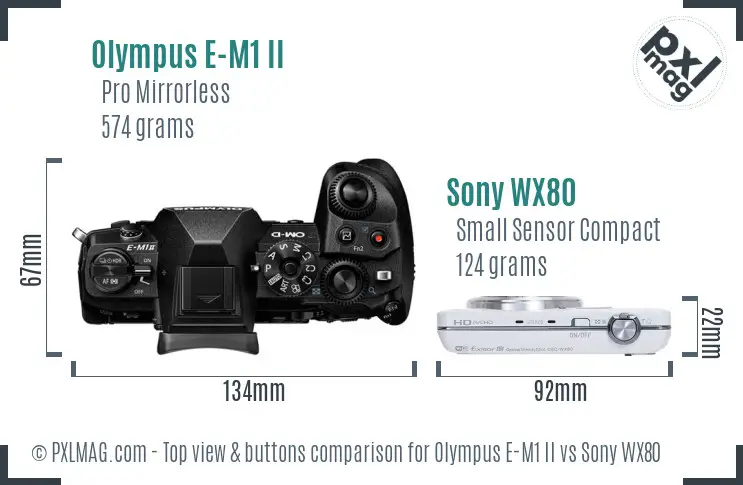 Olympus E-M1 II vs Sony WX80 top view buttons comparison Olympus E-M1 II vs Sony WX80 top view buttons comparison