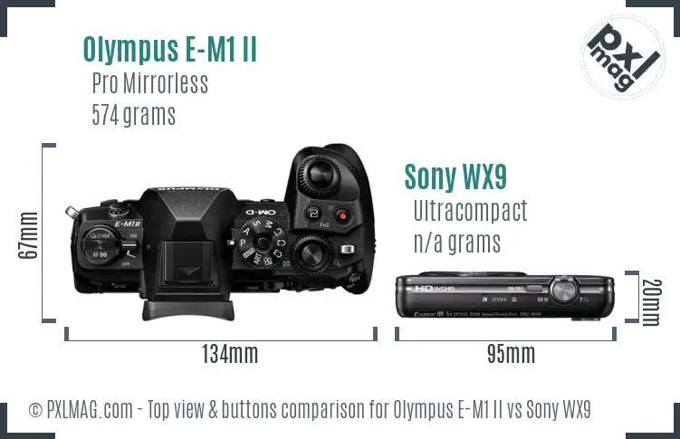Olympus E-M1 II vs Sony WX9 top view buttons comparison