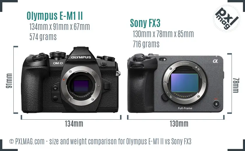 Olympus E-M1 II vs Sony FX3 size comparison