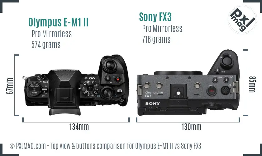 Olympus E-M1 II vs Sony FX3 top view buttons comparison