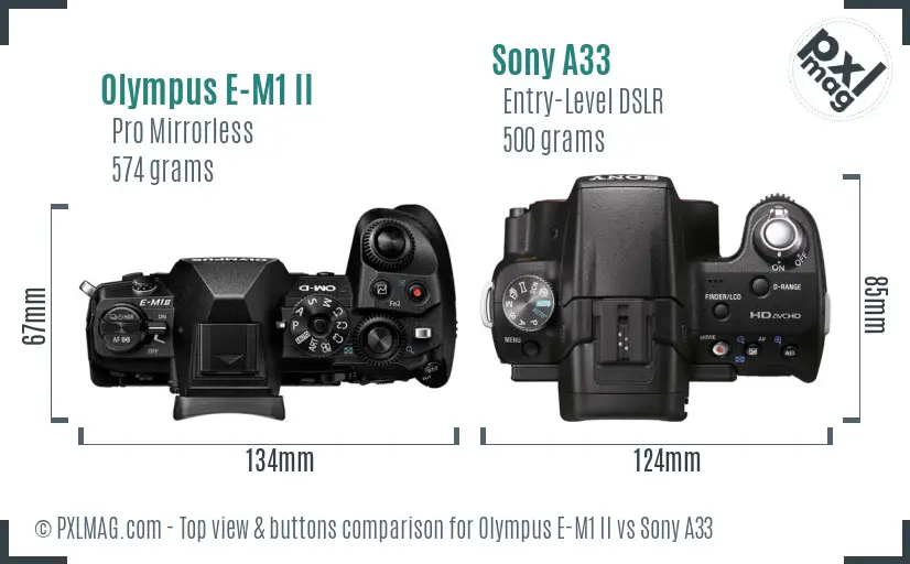 Olympus E-M1 II vs Sony A33 top view buttons comparison Olympus E-M1 II vs Sony A33 top view buttons comparison