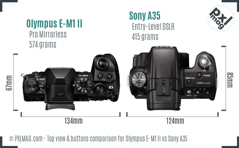 Olympus E-M1 II vs Sony A35 top view buttons comparison