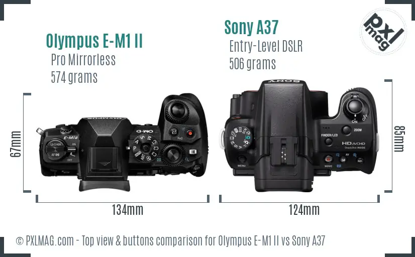 Olympus E-M1 II vs Sony A37 top view buttons comparison