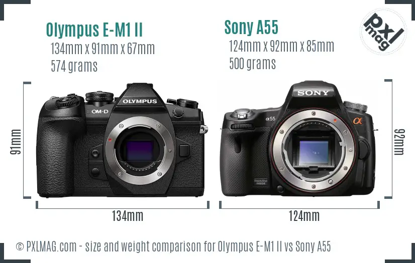 Olympus E-M1 II vs Sony A55 size comparison